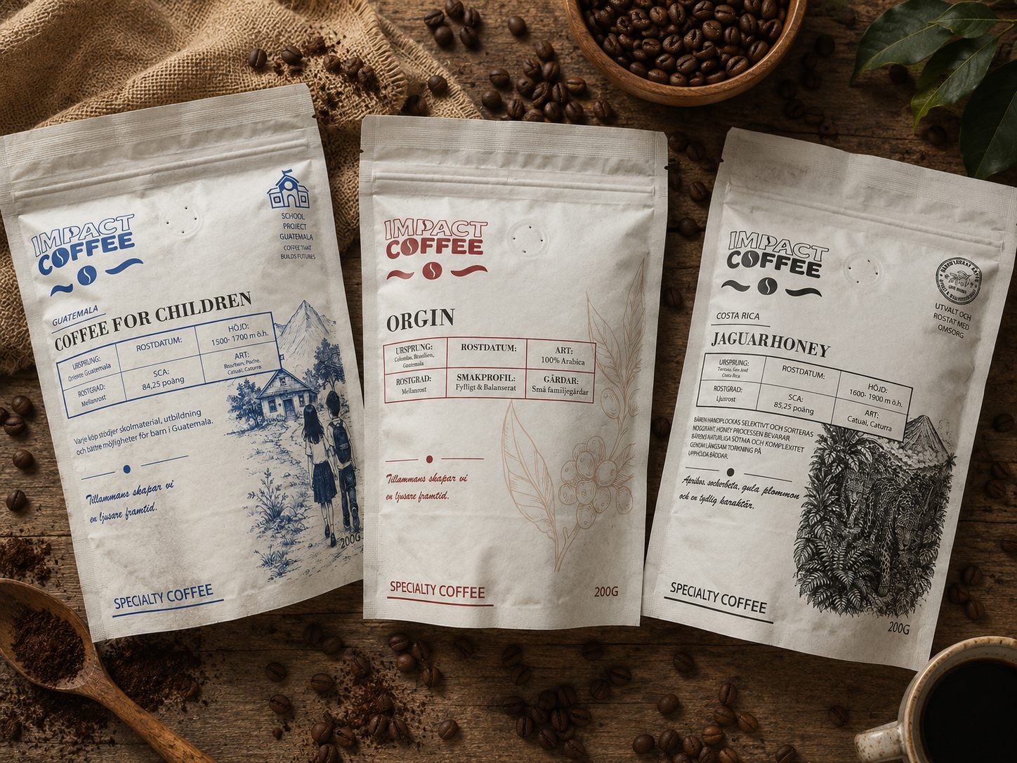 Tre påsar Impact Coffee på ett träbord med kaffebönor