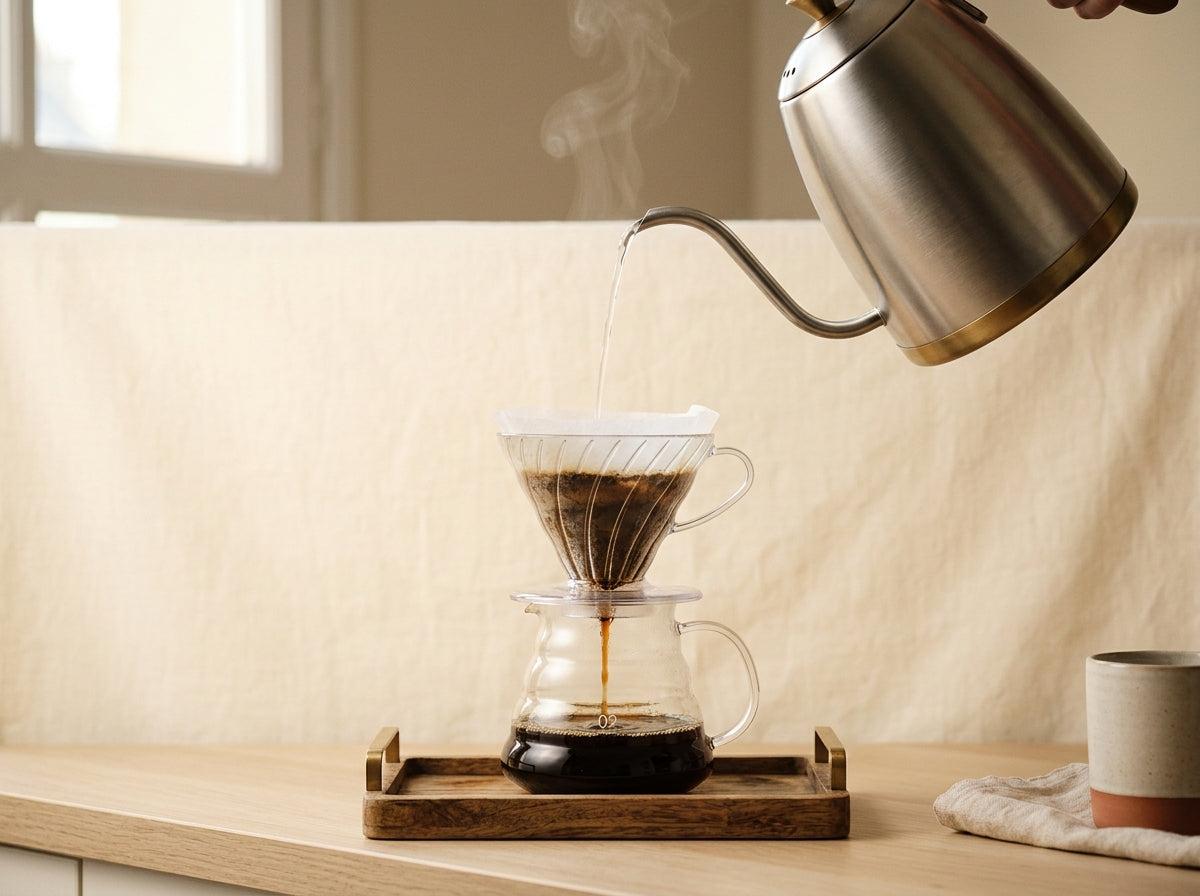 Kaffe som bryggs för hand genom en svart dripper ner i en glaskanna